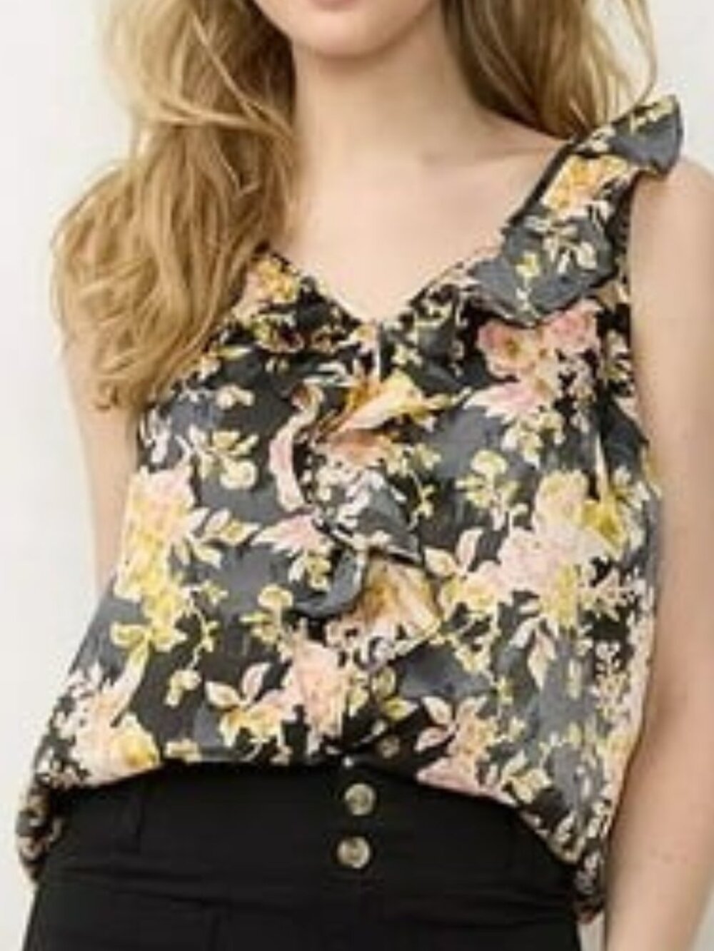Women's LC Lauren Conrad Cascading Ruffle Tank - Black Water Flower - S - NWT